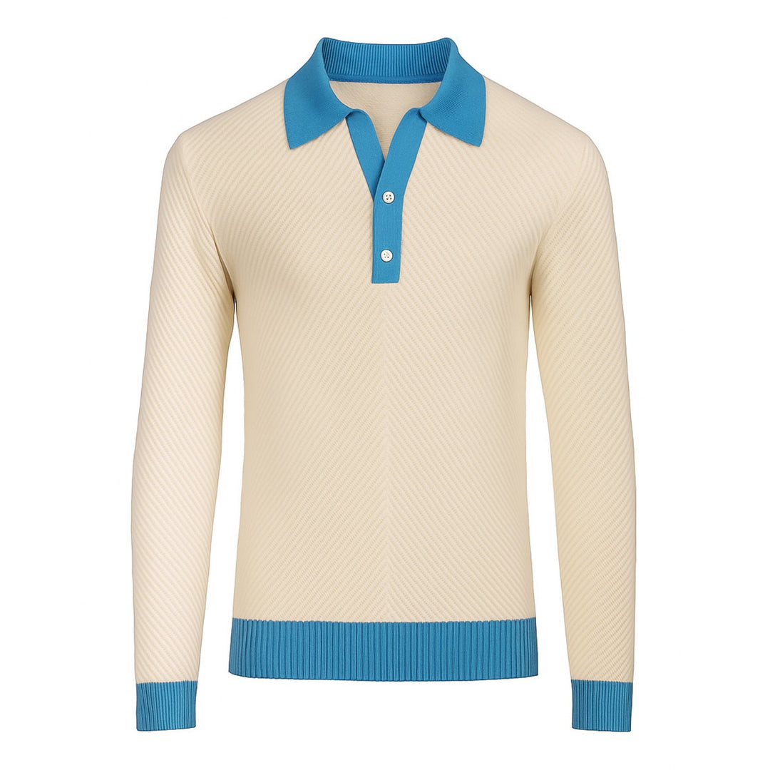 Men's white apricot texture knitted V-neck polo shirt