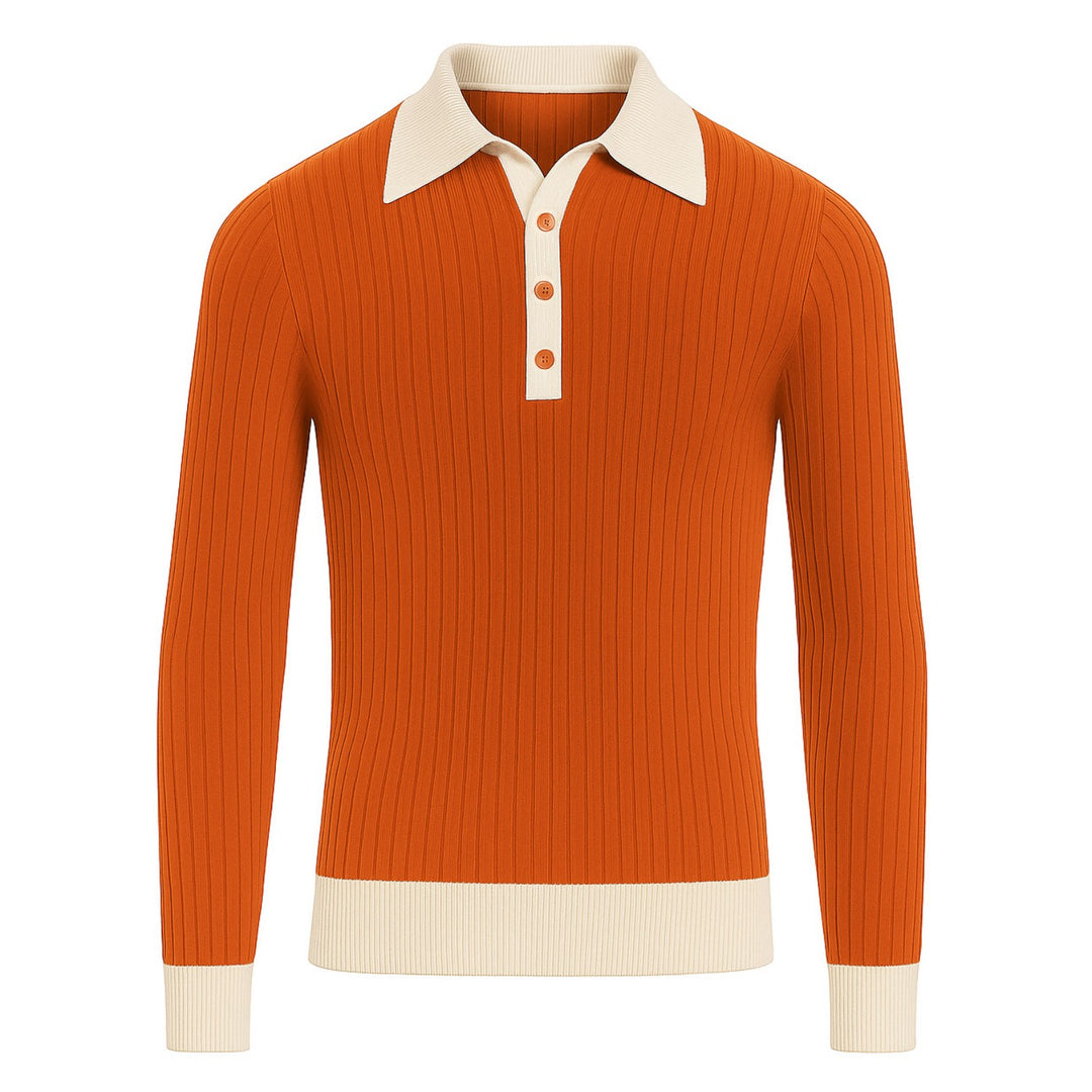 Mens orange vertical pit striped knitted polo shirt