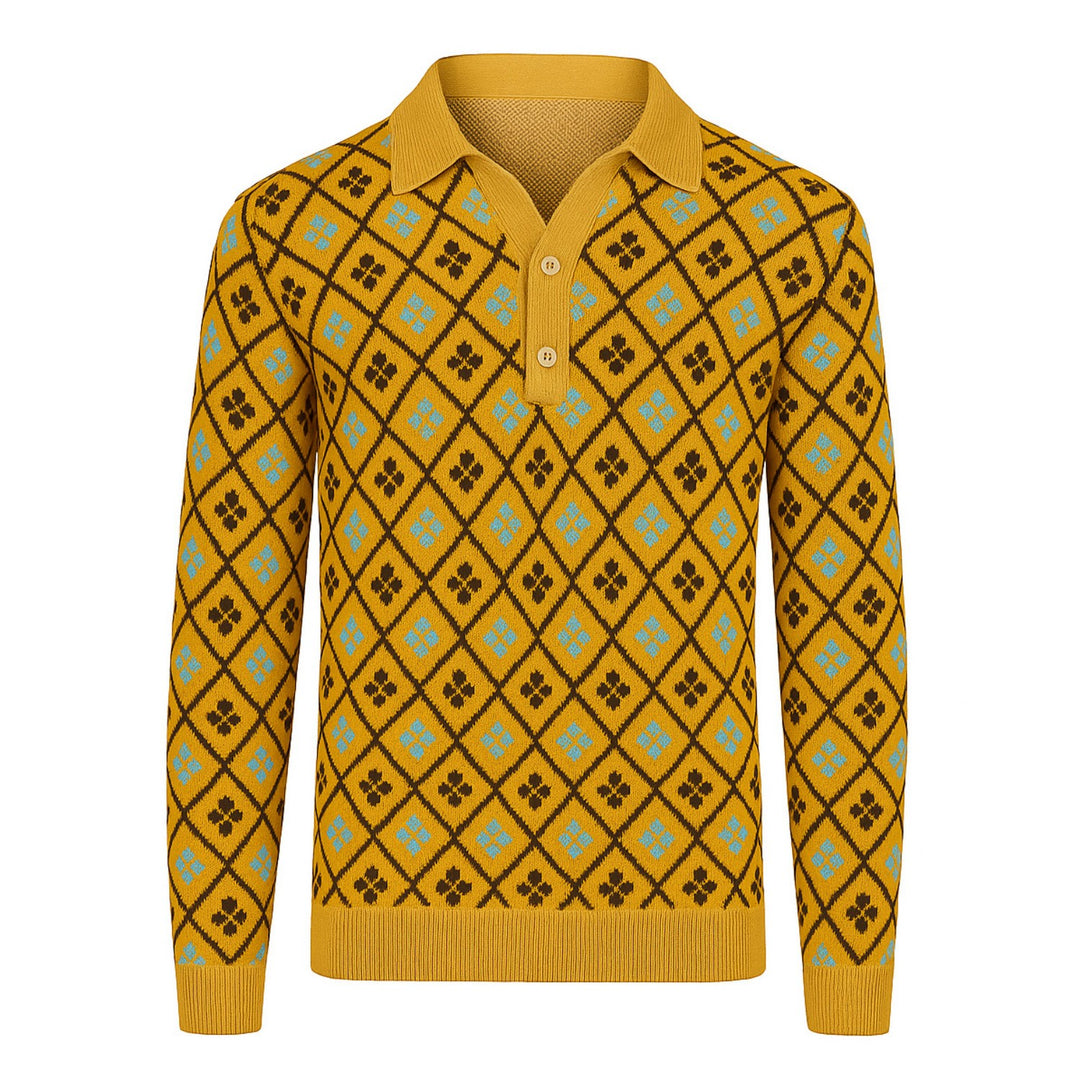 Mens yellow vintage aesthetic jacquard knit polo