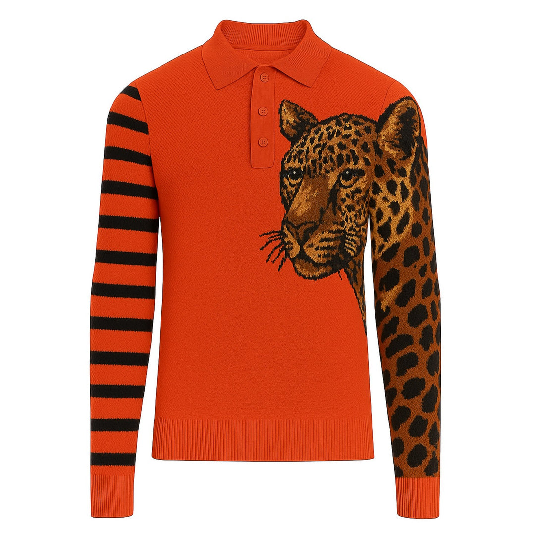Men's red leopard striped knitted polo shirt