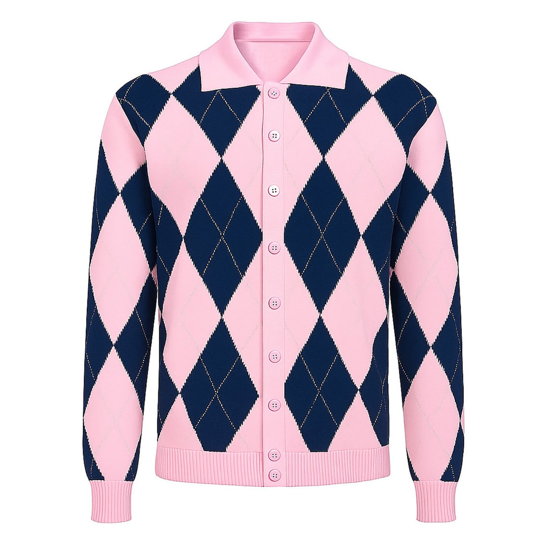 Men's pink diamond check vintage knit cardigan