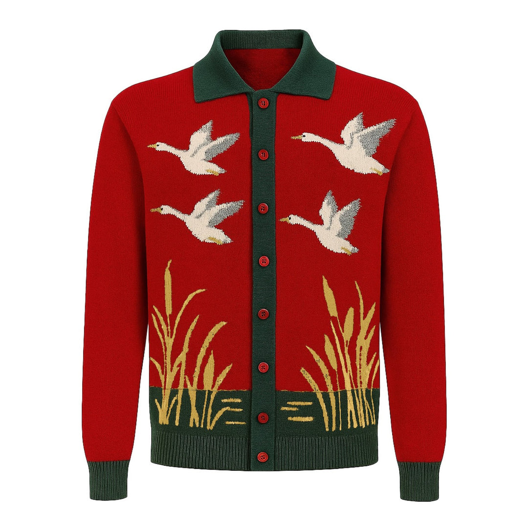 Men's red art jacquard vintage knit cardigan
