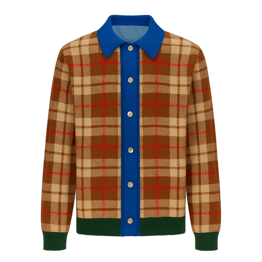 Men's brown checkered vintage jacquard cardigan