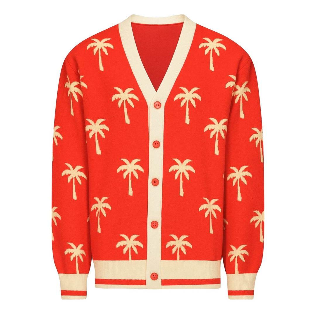 Men's red coconut flower jacquard art sweater jacket