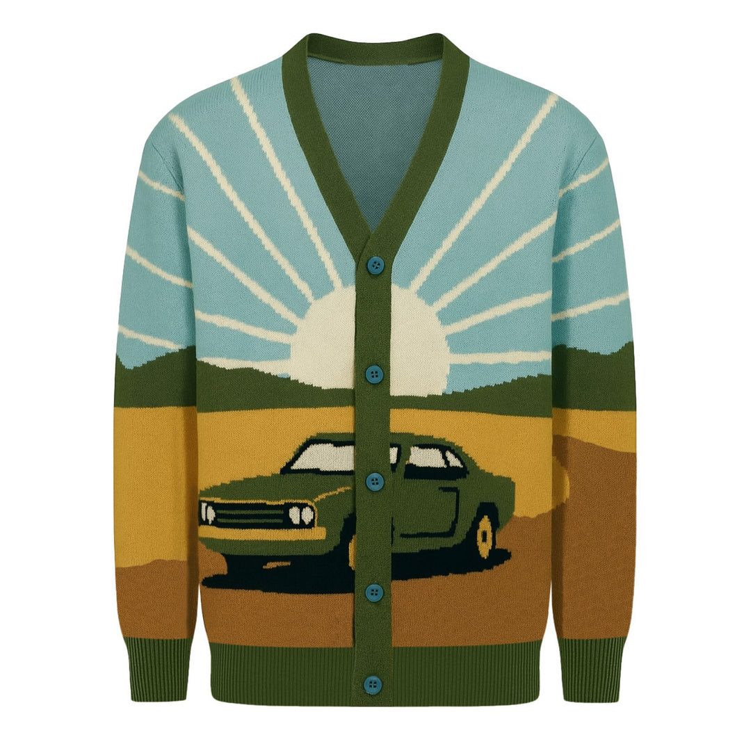 Men's green vintage jacquard art sweater jacket