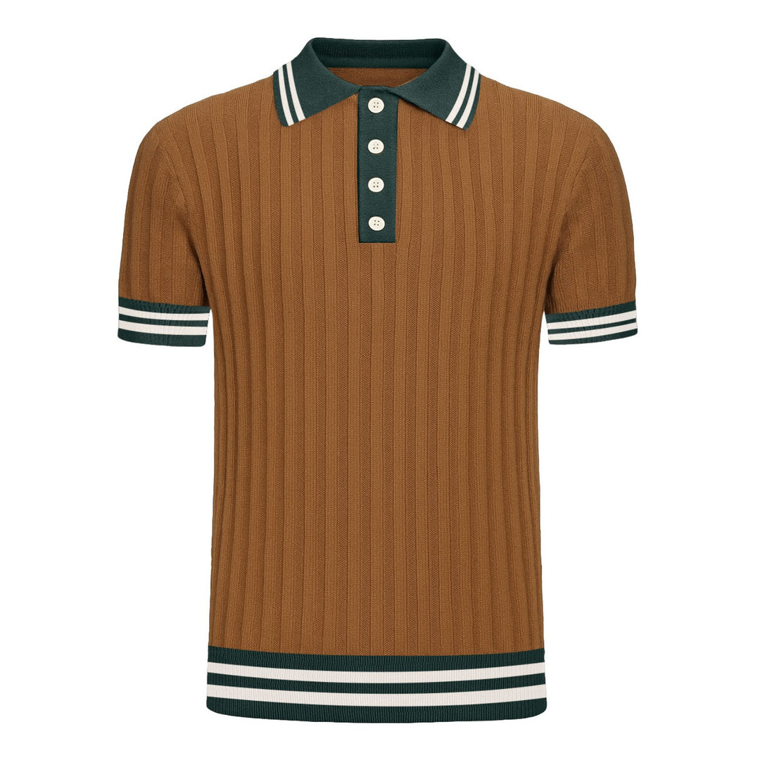 Mens dark khaki vintage vertical stripe texture knitted polo