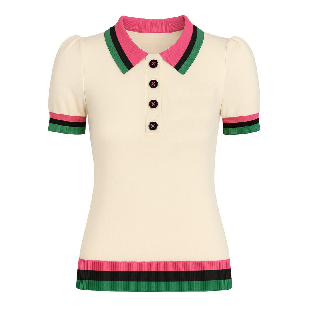 Women white apricot vintage bubble sleeve knitted polo