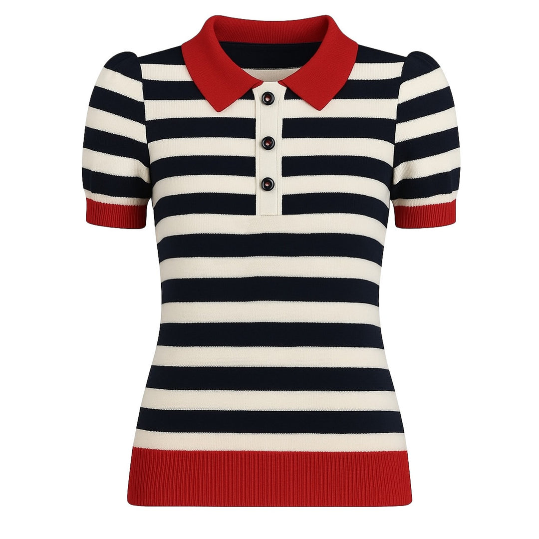 Women's black vintage striped bubble sleeve knitted polo