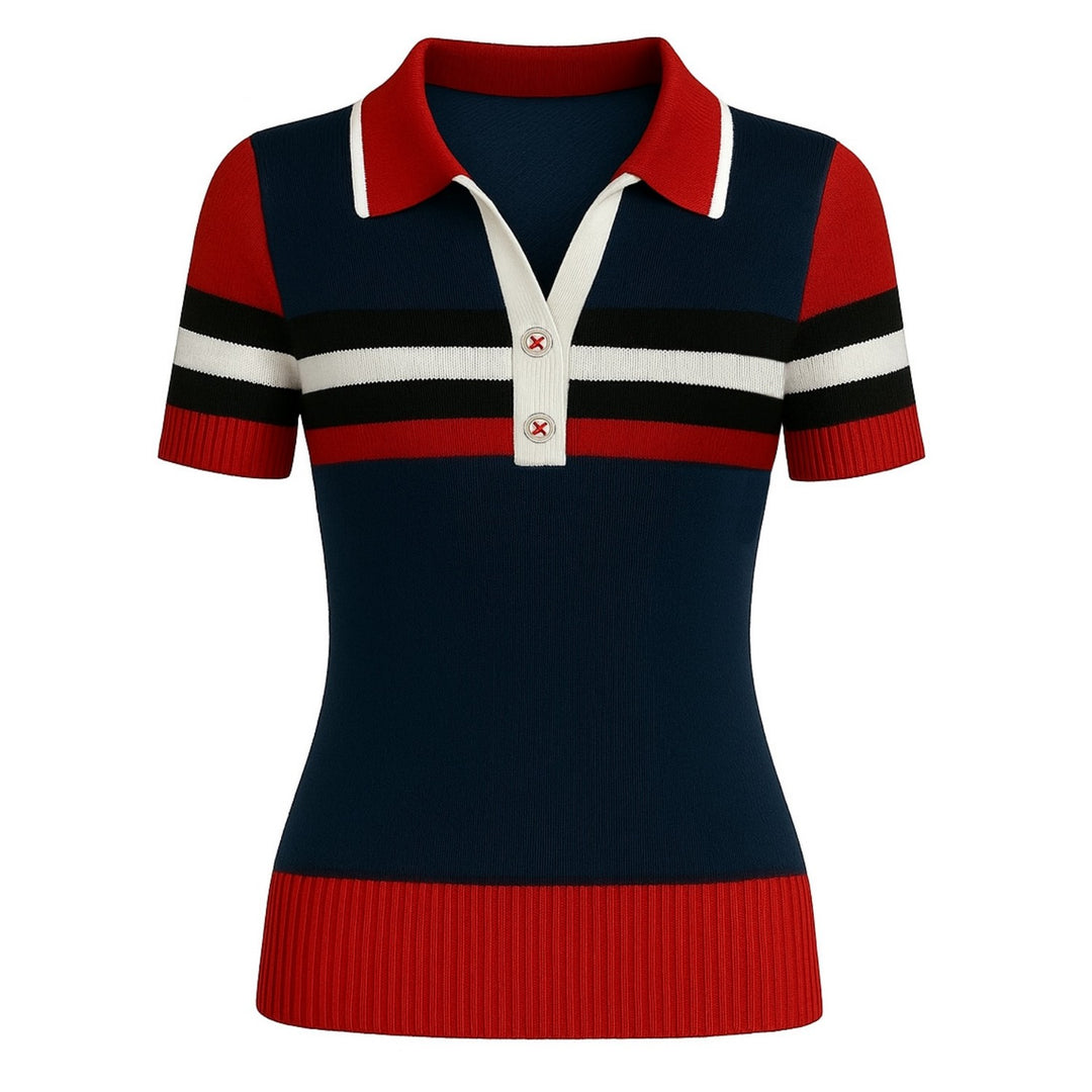 Women's navy blue vintage aesthetic V-neck knitted polo