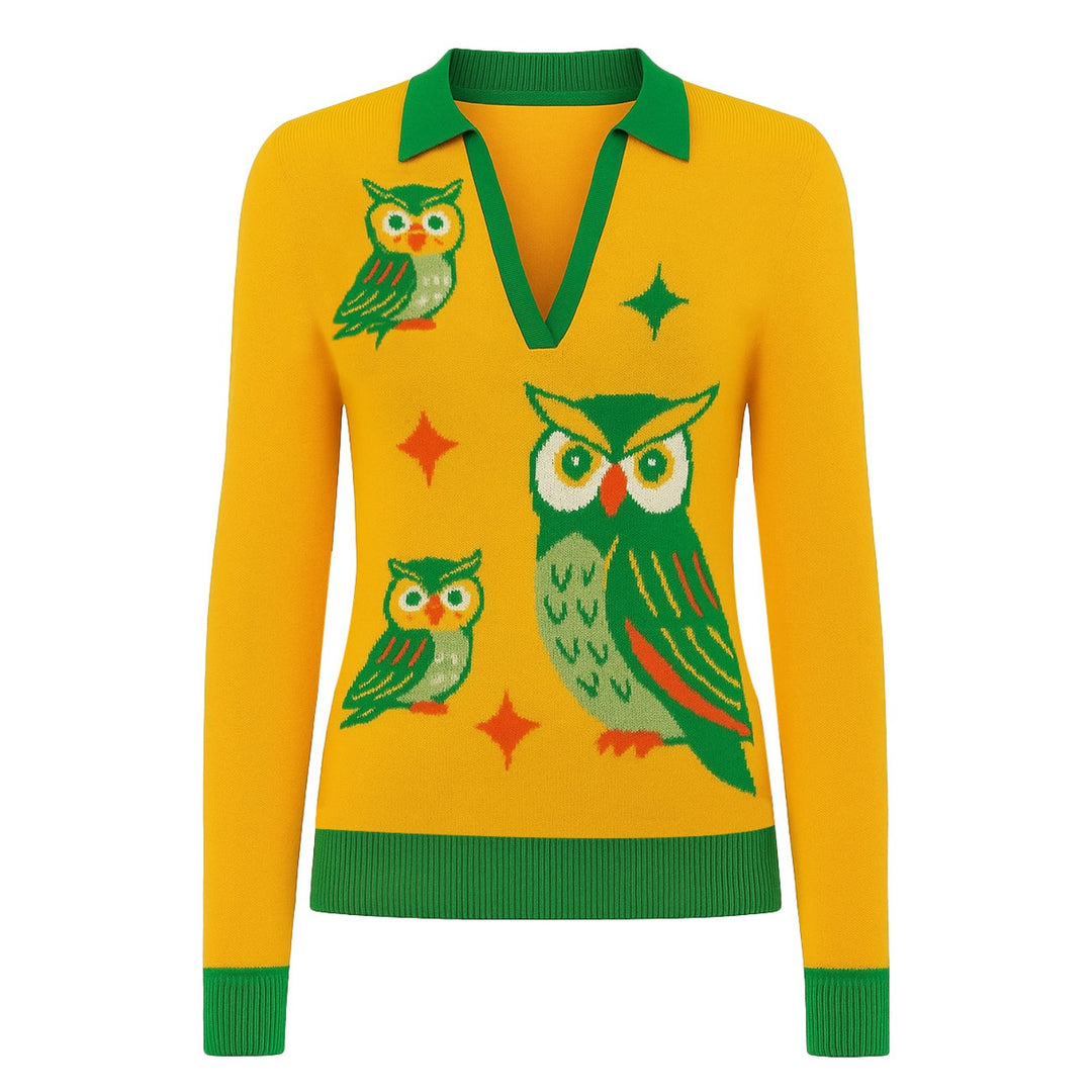 Women's yellow vintage owl jacquard knitwear