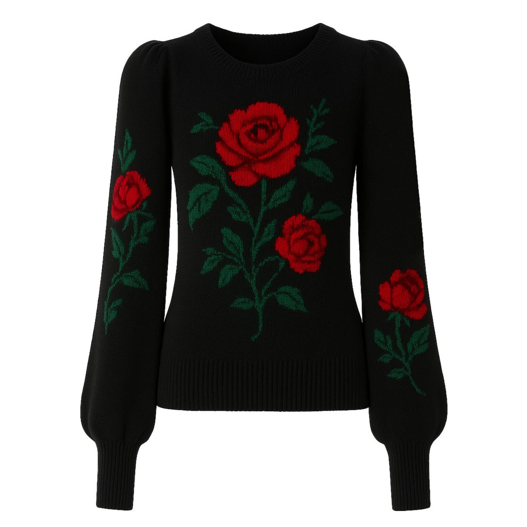 Women's black rose vintage bubble sleeve knitwear