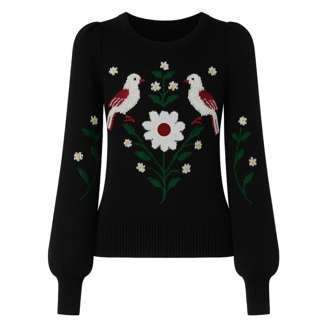 Women's black bird vintage bubble sleeve knitwear