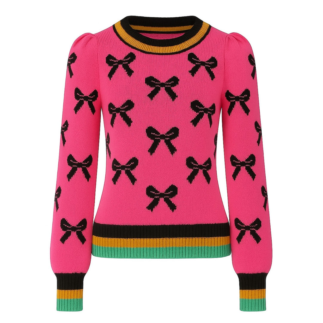 Women pink sweet jacquard vintage bubble sleeve knitwear