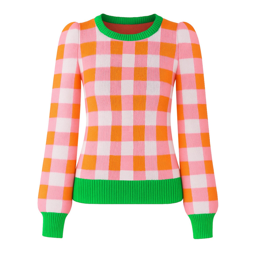 Women's orange checked jacquard puffed sleeve knitwear