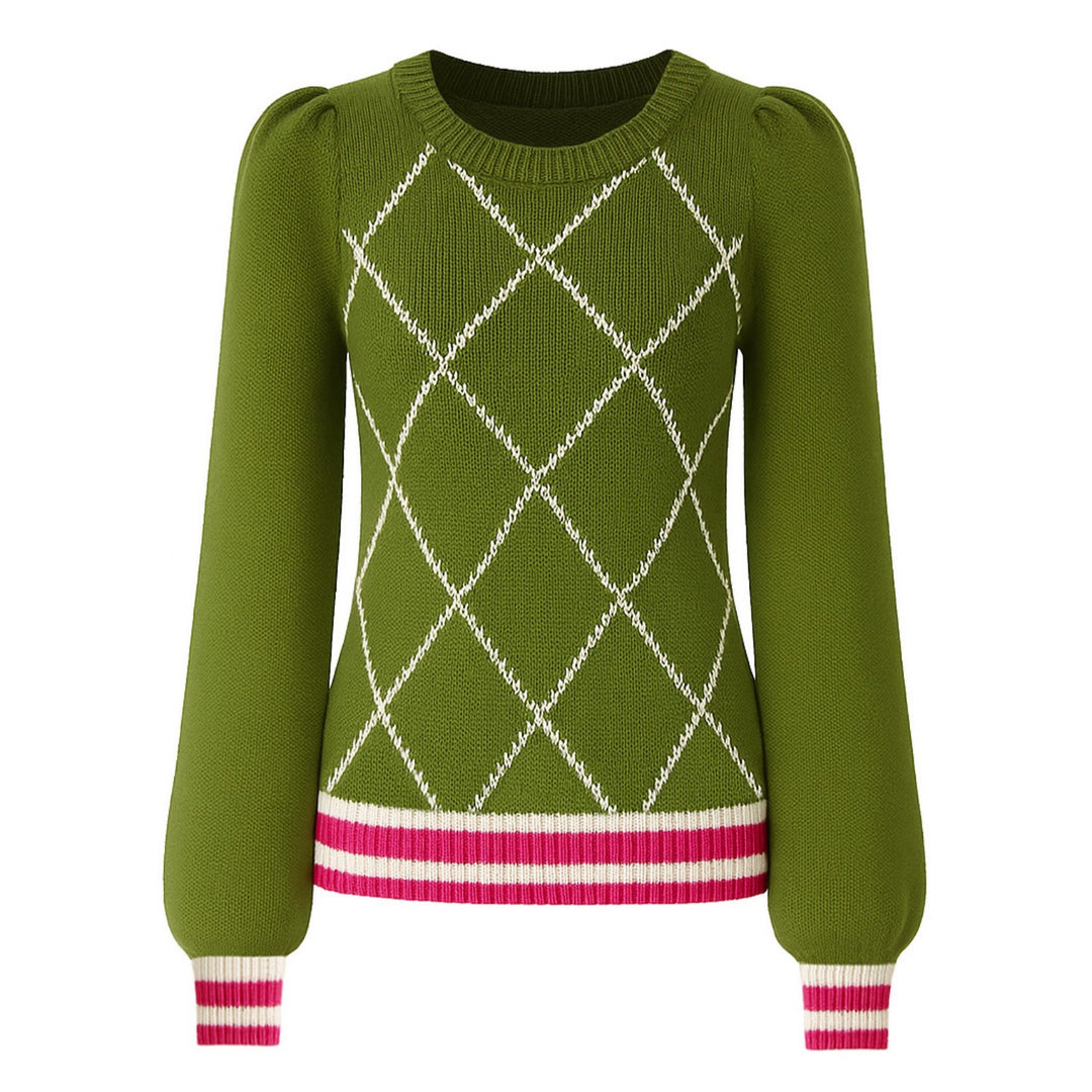 Women's green diamond lattice bubble sleeve knitwear