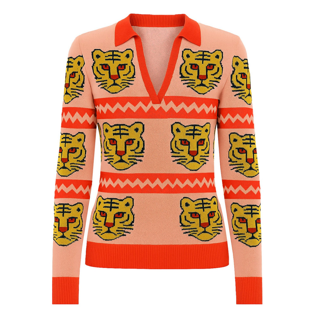 Women's pink tiger jacquard vintage knitwear