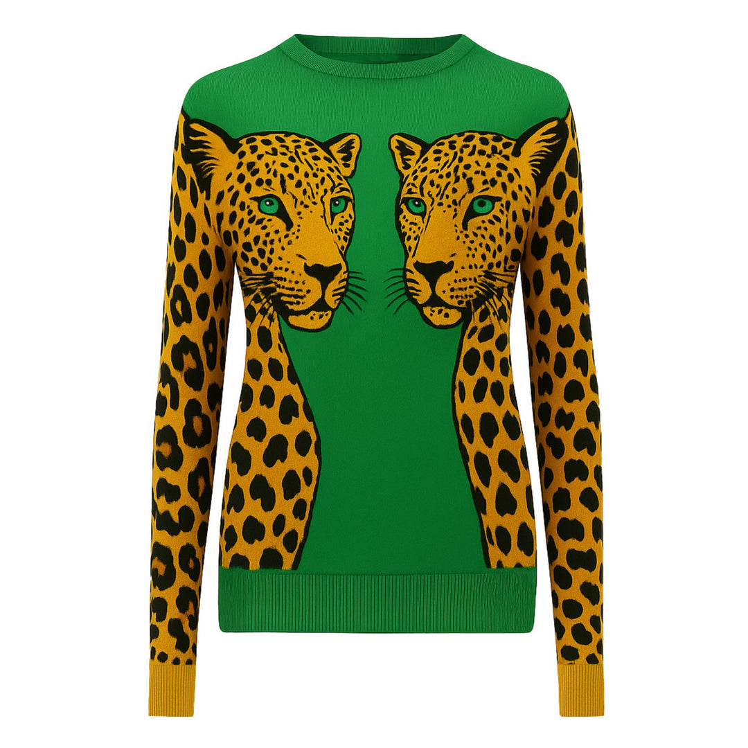 Women's green cheetah jacquard vintage knitwear