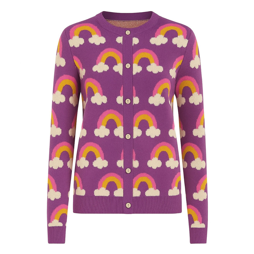 Women's purple vintage rainbow jacquard cardigan