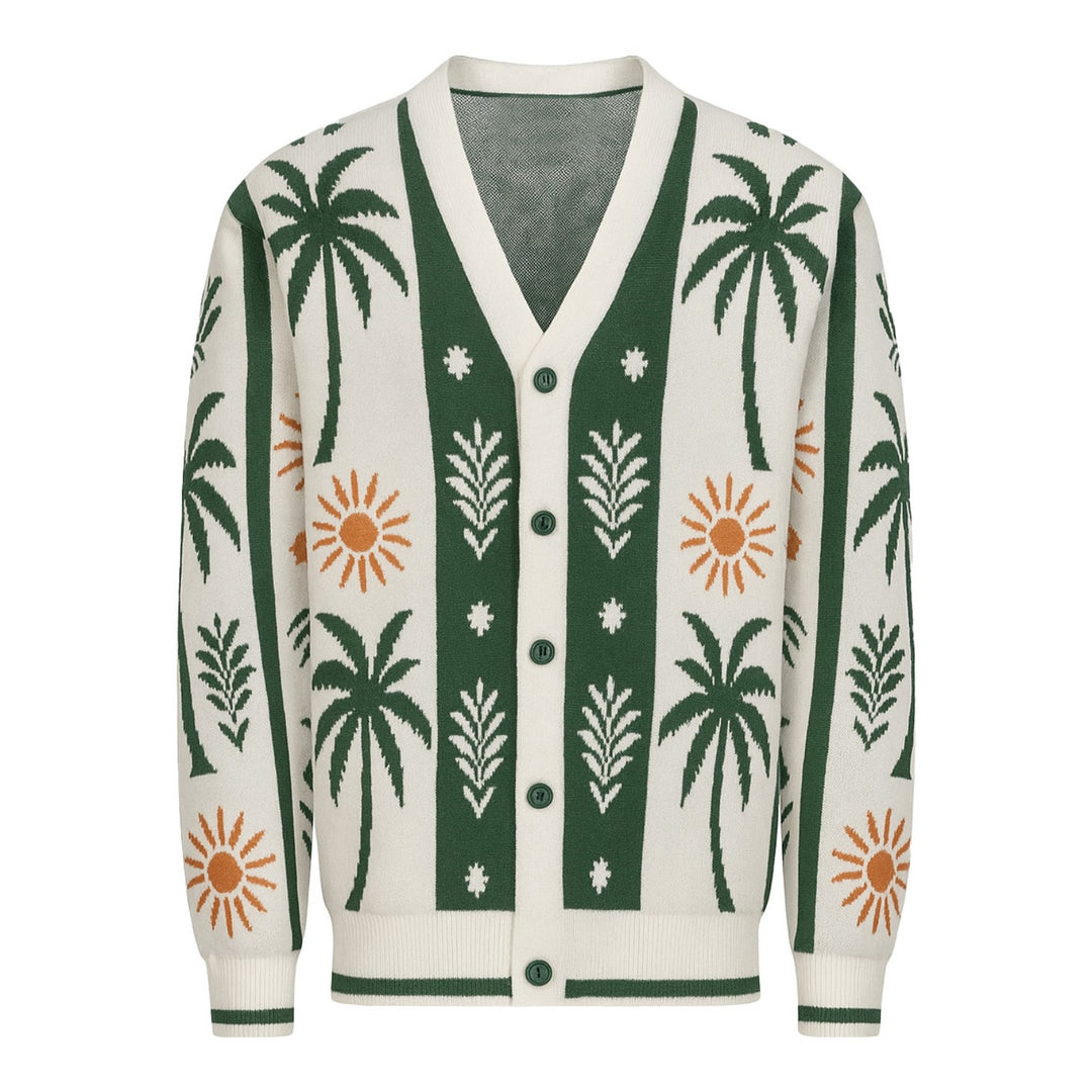 Men's green coconut tree vintage jacquard sweater jacket