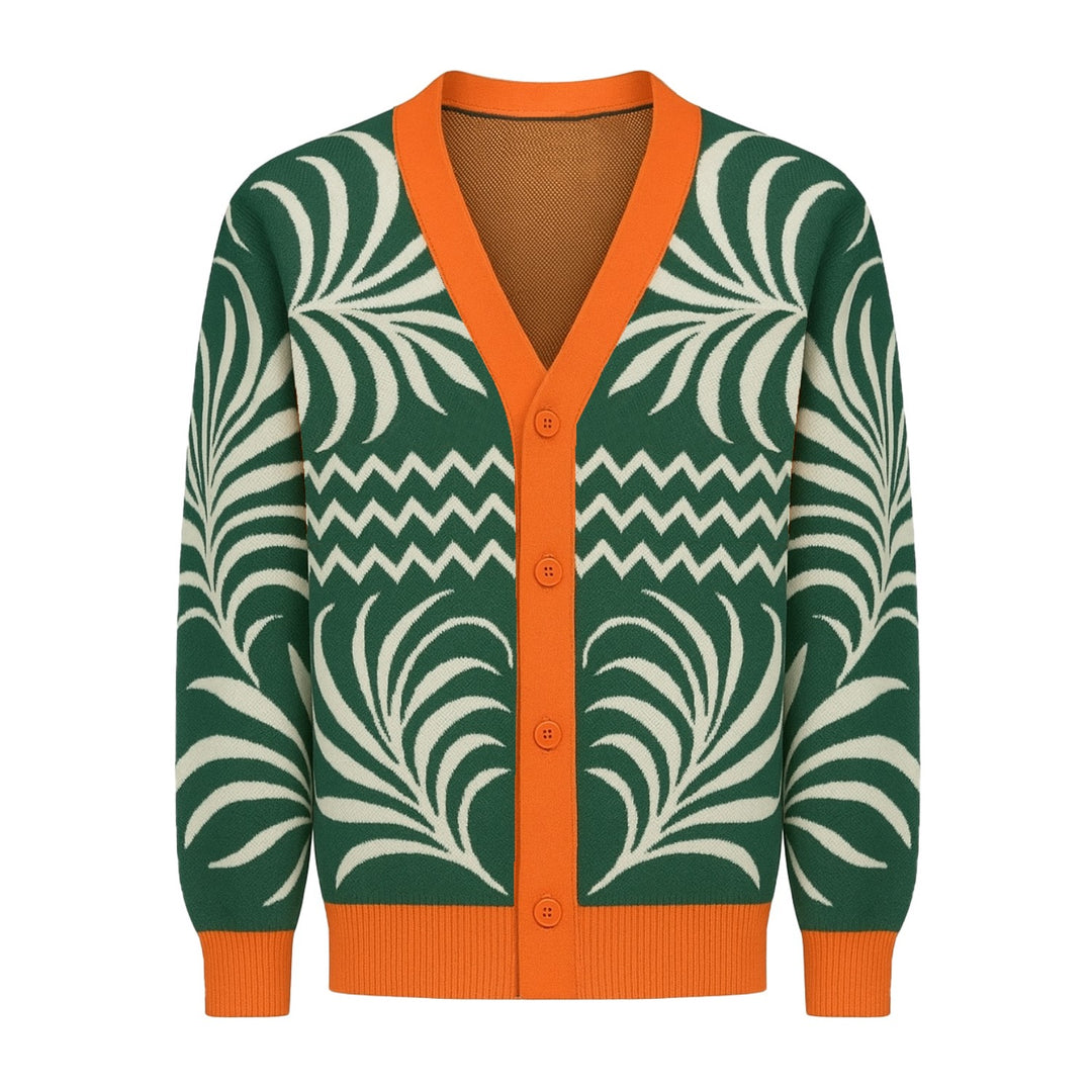 Men's green vintage leaf jacquard sweater jacket