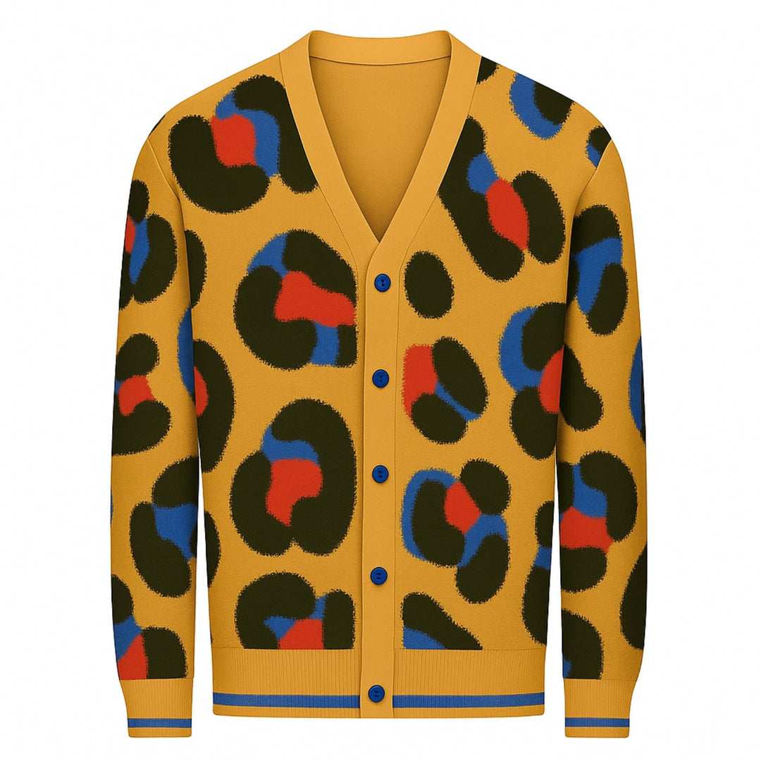 Men's yellow leopard print vintage jacquard sweater jacket