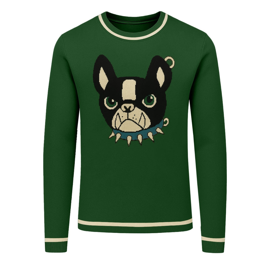 Men's green French bulldog jacquard knitwear