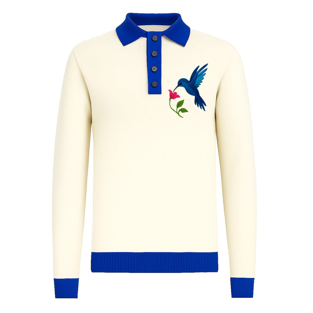 Mens white hummingbird embroidered knitted polo shirt