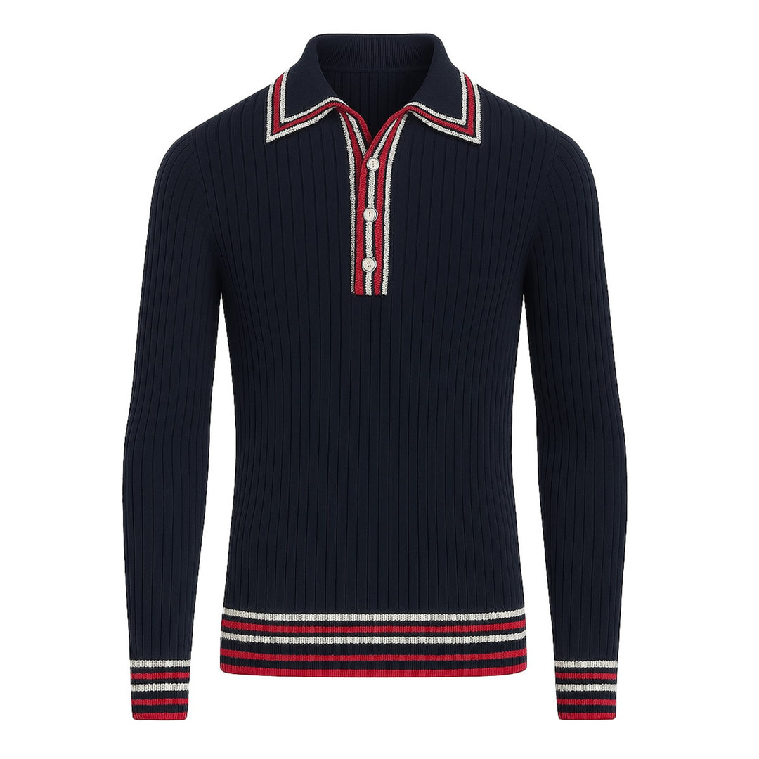 Men's black vintage striped pothole knitted polo shirt