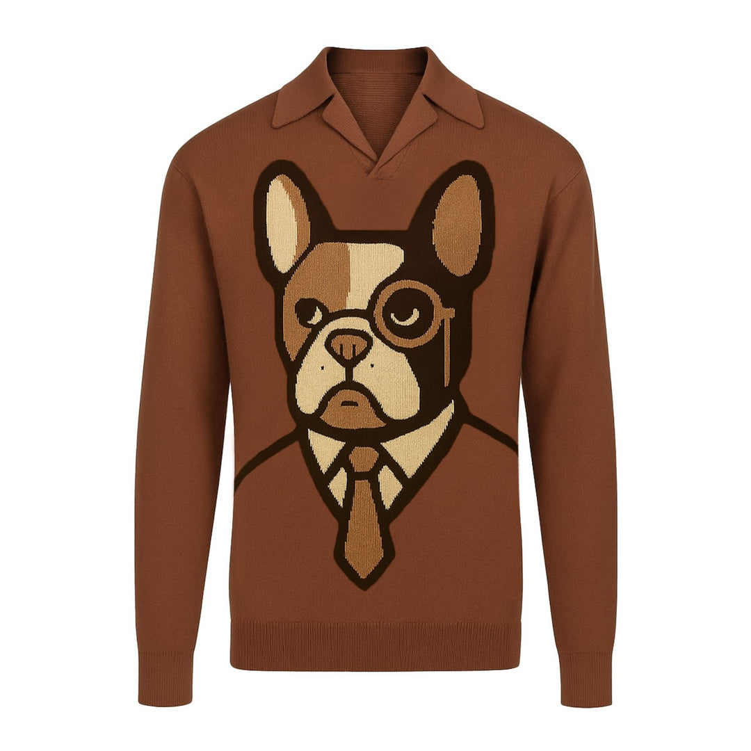 Mens brown French Bulldog jacquard knit V-neck polo shirt