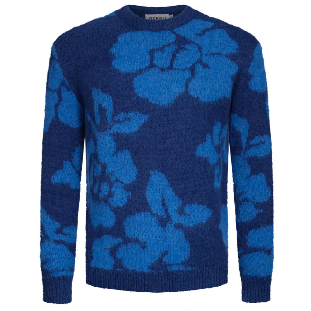 Men's blue floral jacquard plush vintage sweater – OXKnit