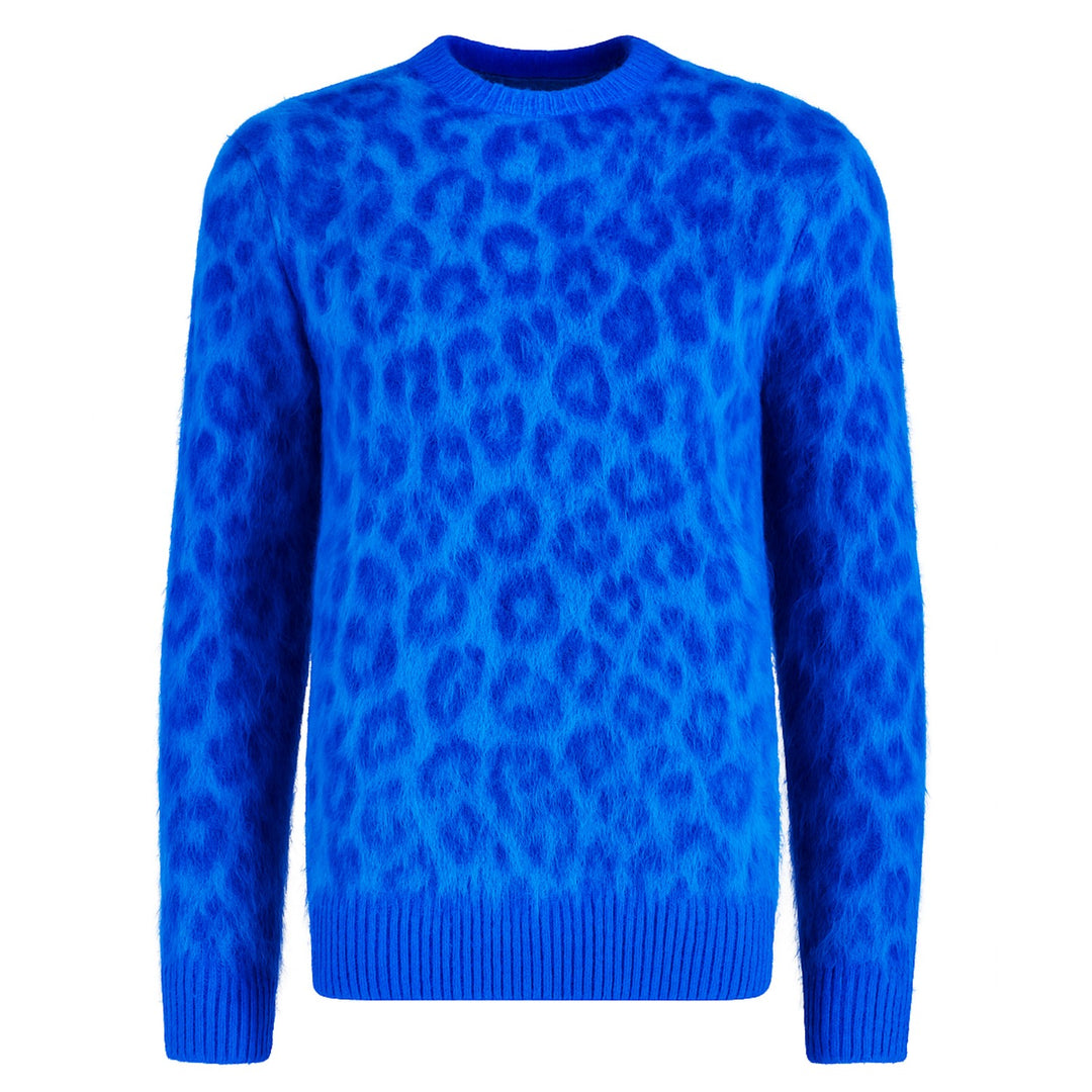 Men's blue leopard print plush knit sweater