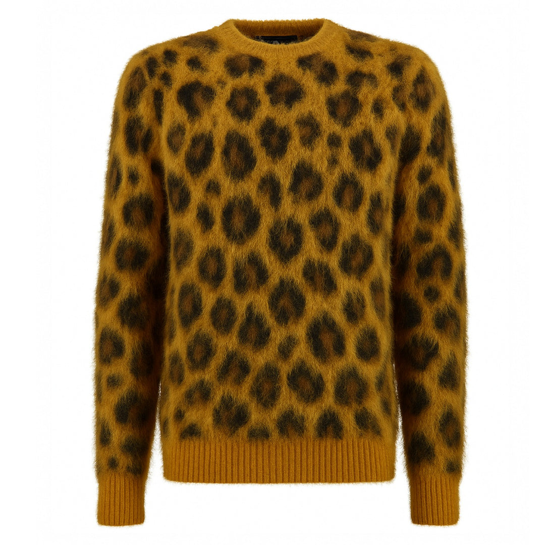 Men's yellow brown leopard print vintage hippocampus knit sweater