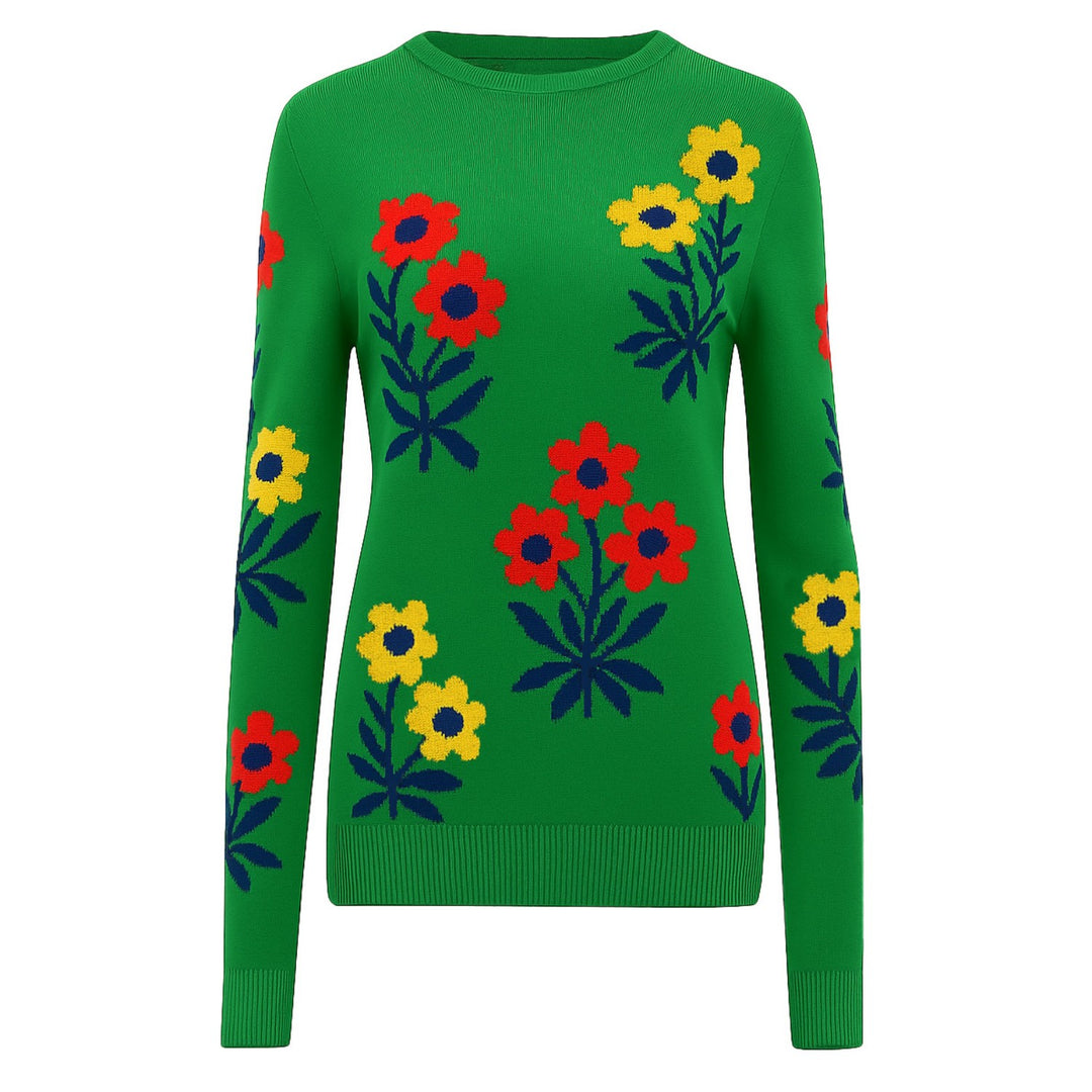 Women's green floral design jacquard knitwear