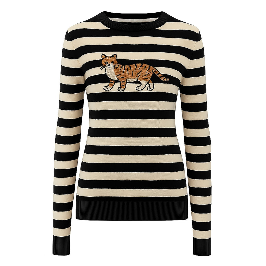 Women's black striped cat embroidered knitwear