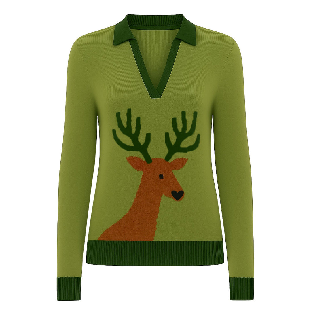 Women's green fawn vintage jacquard V-neck knitwear