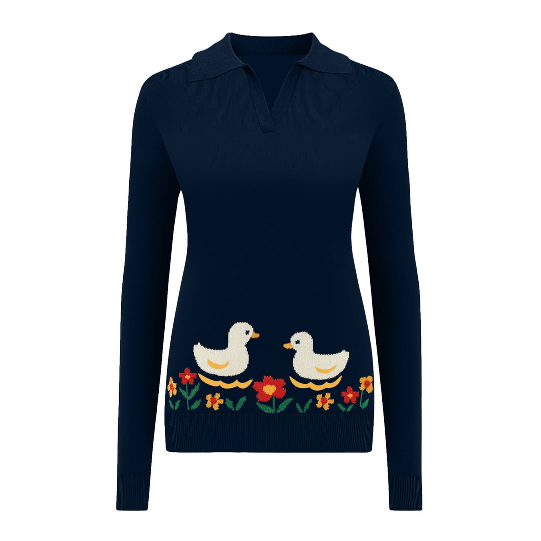 Women's dark blue duck flower jacquard V-neck knitwear