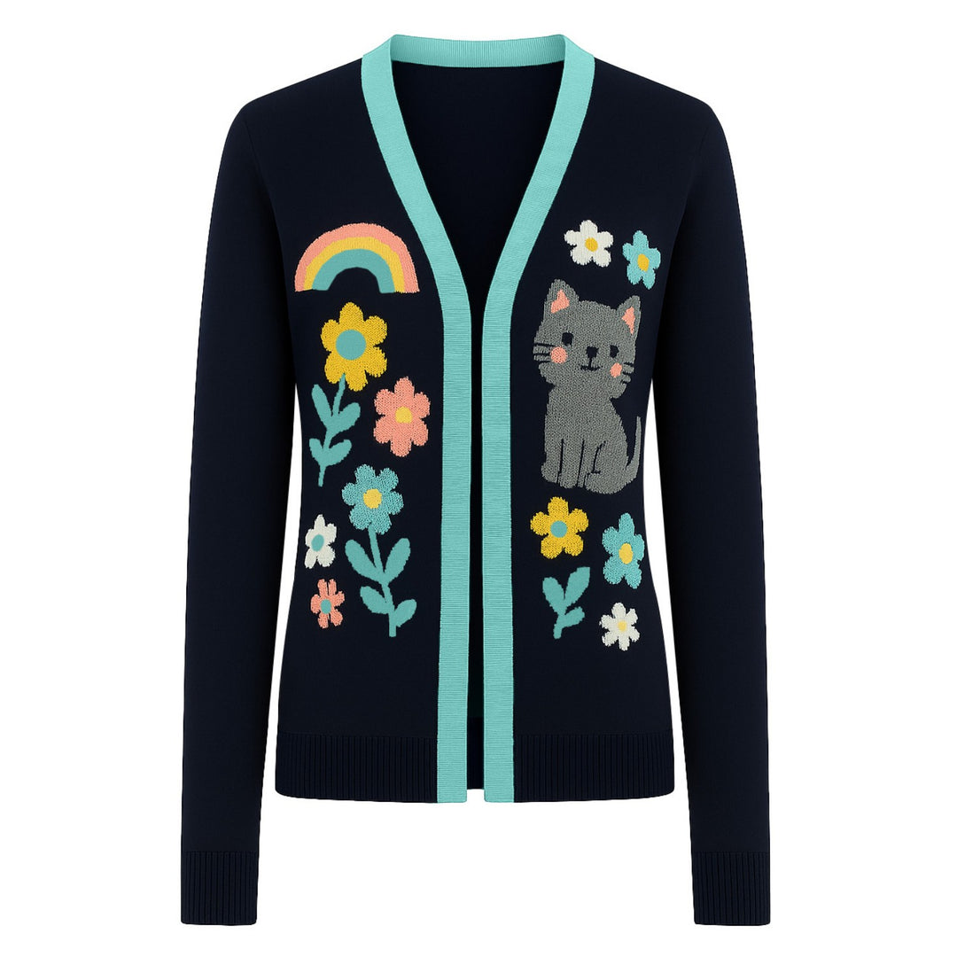 Women's black cat floral jacquard cardigan