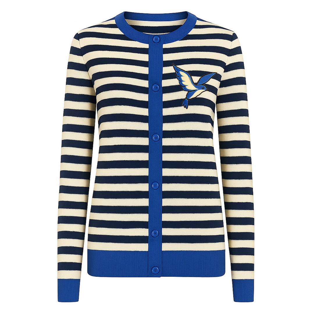 Women's black striped bird-embroidered cardigan