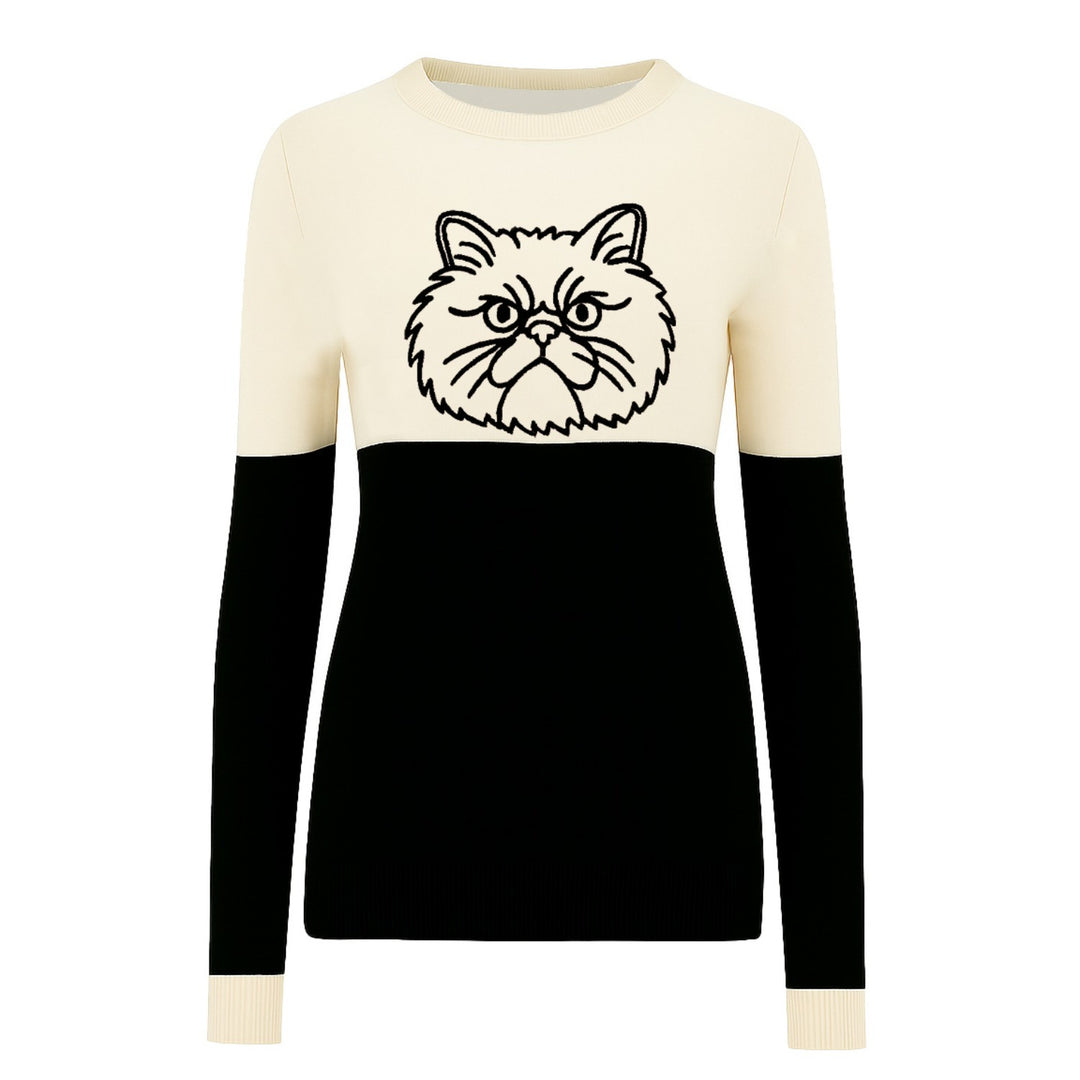 Women's black and white collage cat jacquard vintage knitwear