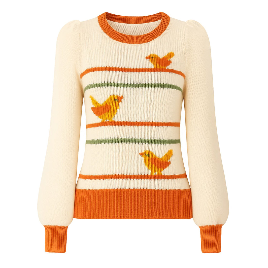 Jersey de mujer de punto jacquard con manga abullonada y pájaro color albaricoque