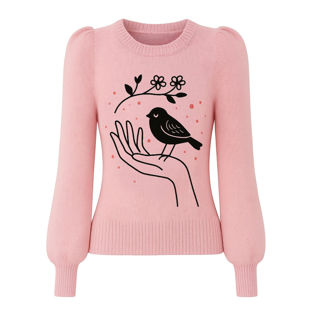 Jersey de mujer con mangas abullonadas y diseño de pájaro en jacquard rosa