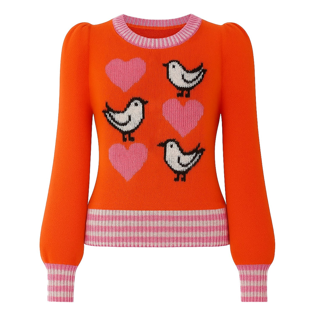 Women's orange bird striped jacquard puffed sleeve knitwear