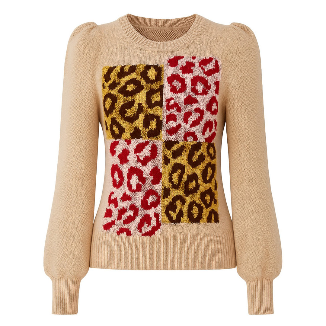 Jersey de mujer de punto con manga abullonada en jacquard con estampado de leopardo caqui