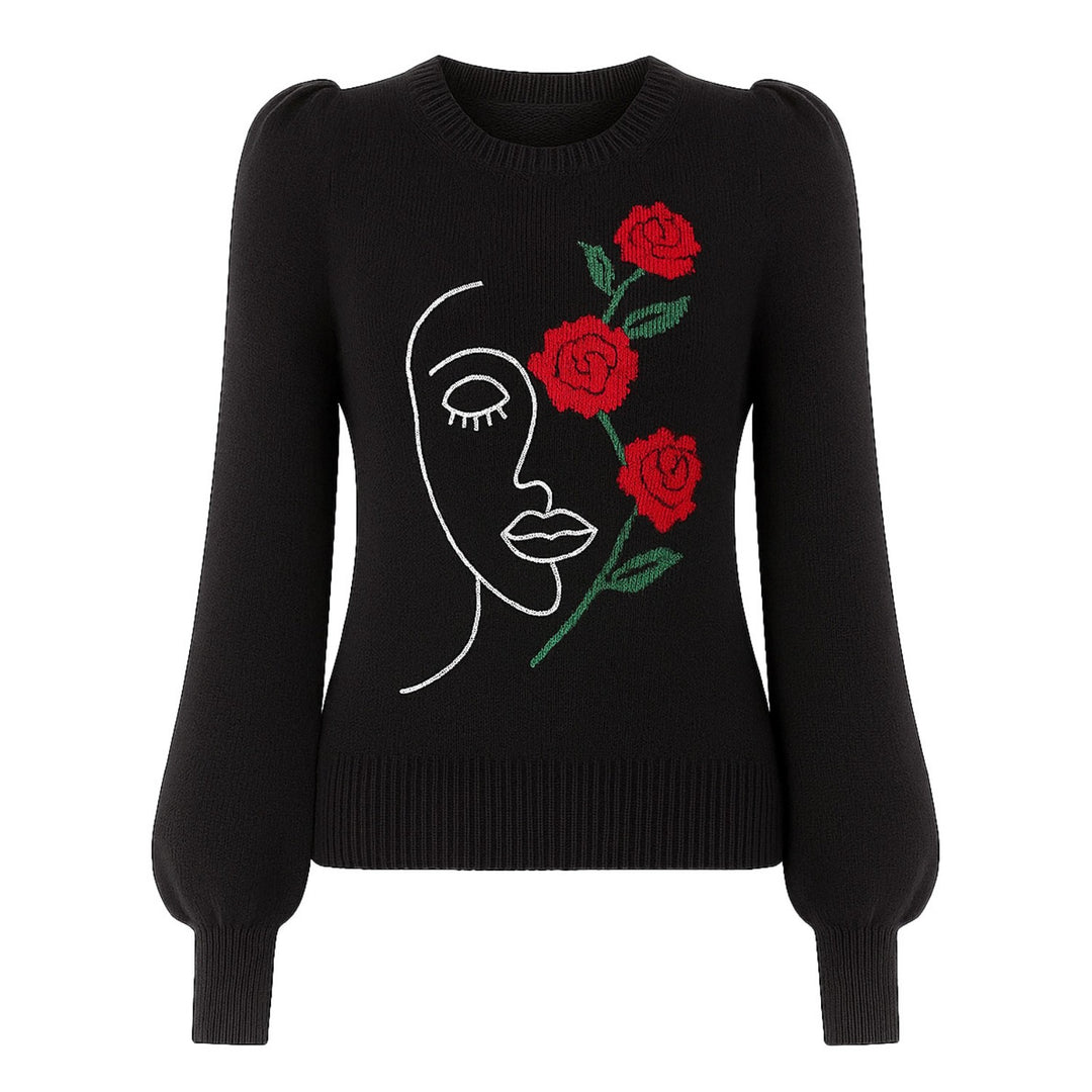Prendas de punto de mujer con mangas abullonadas en jacquard artístico negro
