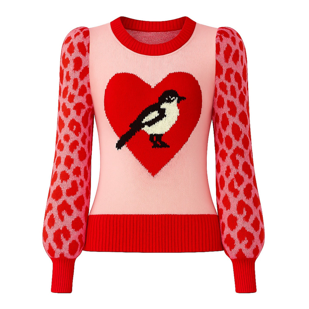 Women's red leopard print bird jacquard bubble sleeve knitwear