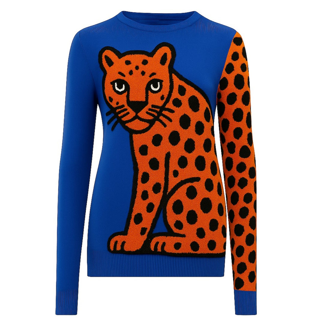 Women's vintage blue cheetah fashion jacquard knitwear