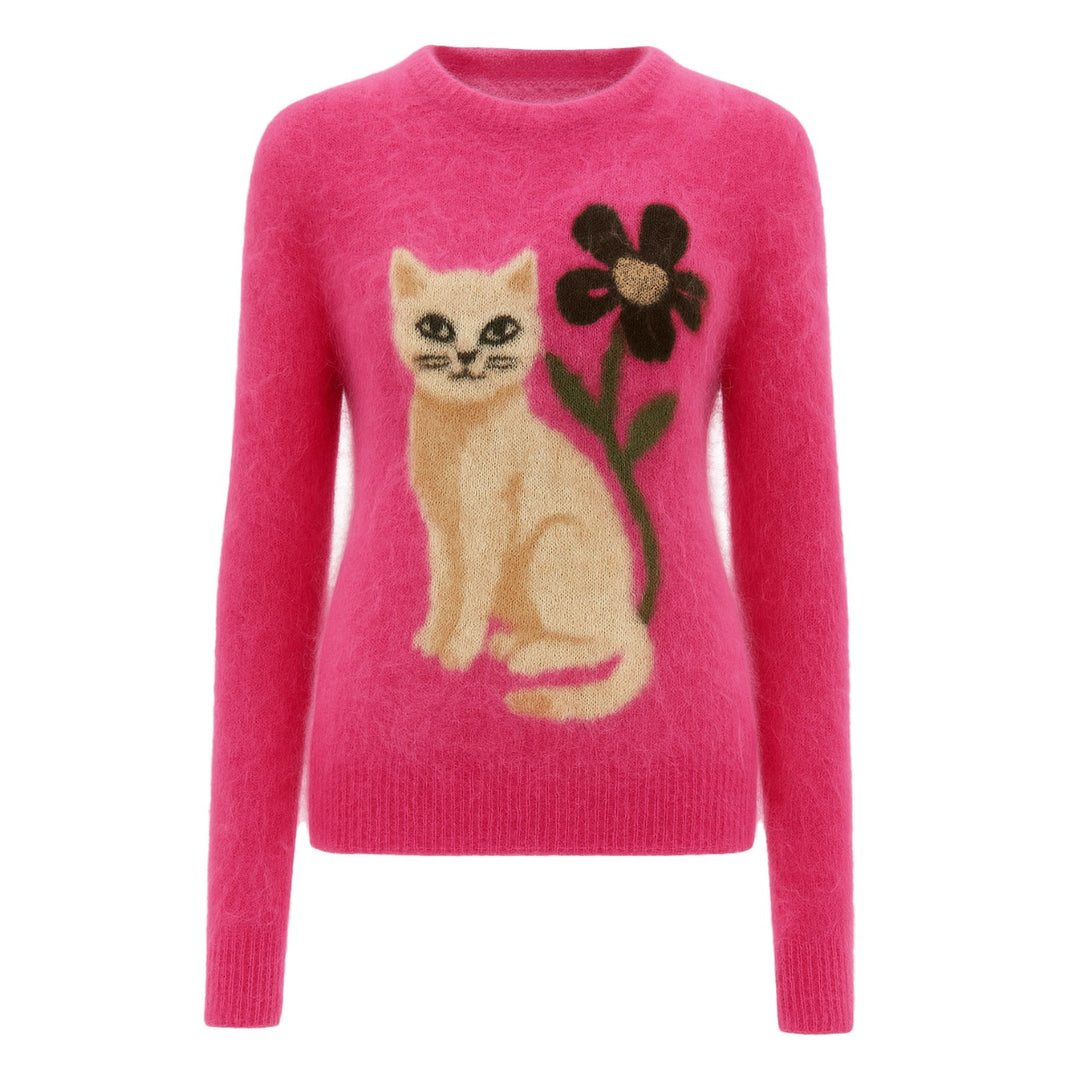 Women's pink cat floral jacquard plush knitwear