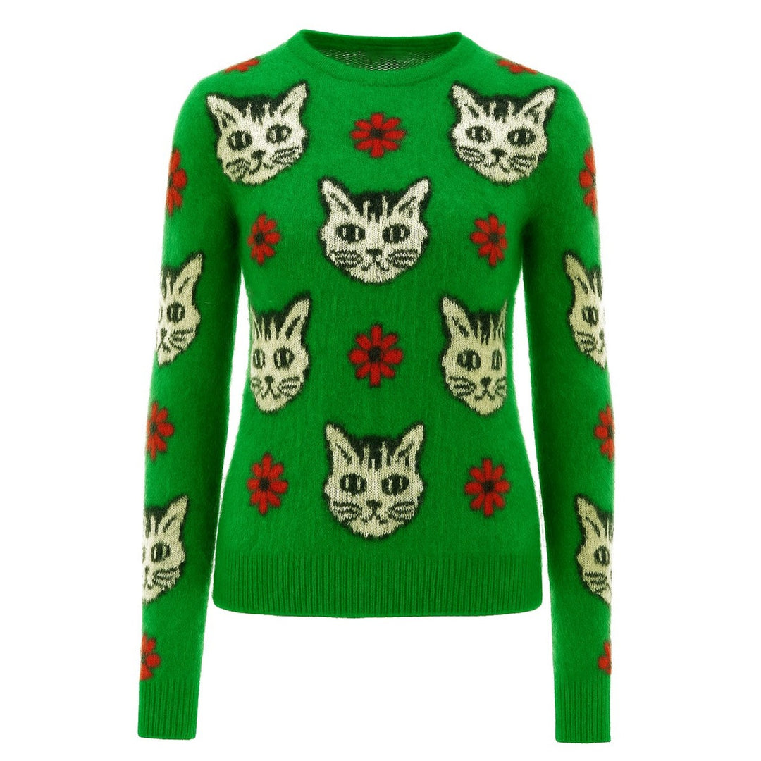 Punto de mujer de felpa en jacquard gato flor verde