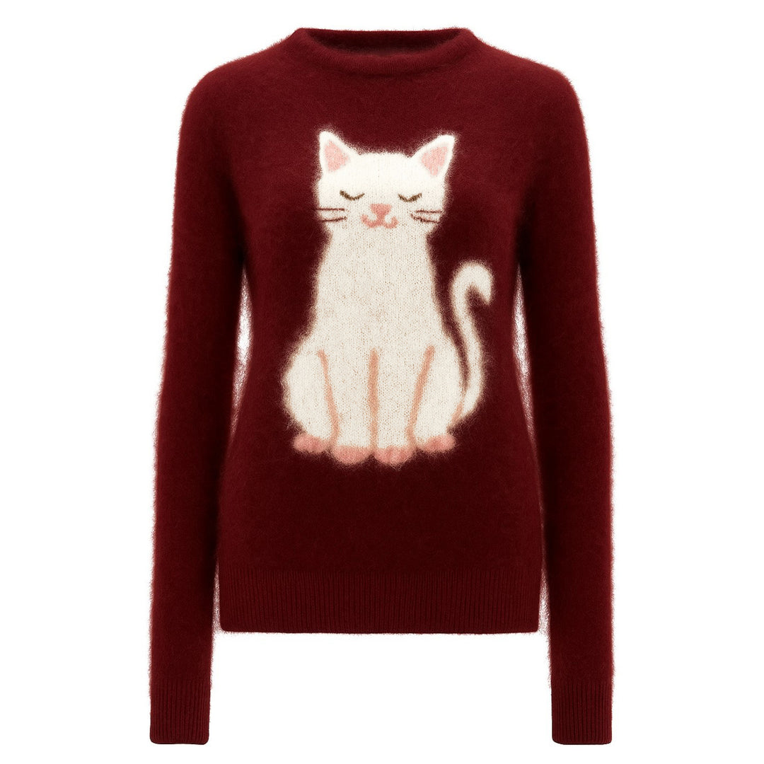 Jersey de punto de felpa jacquard con lindo gato rojo para mujer