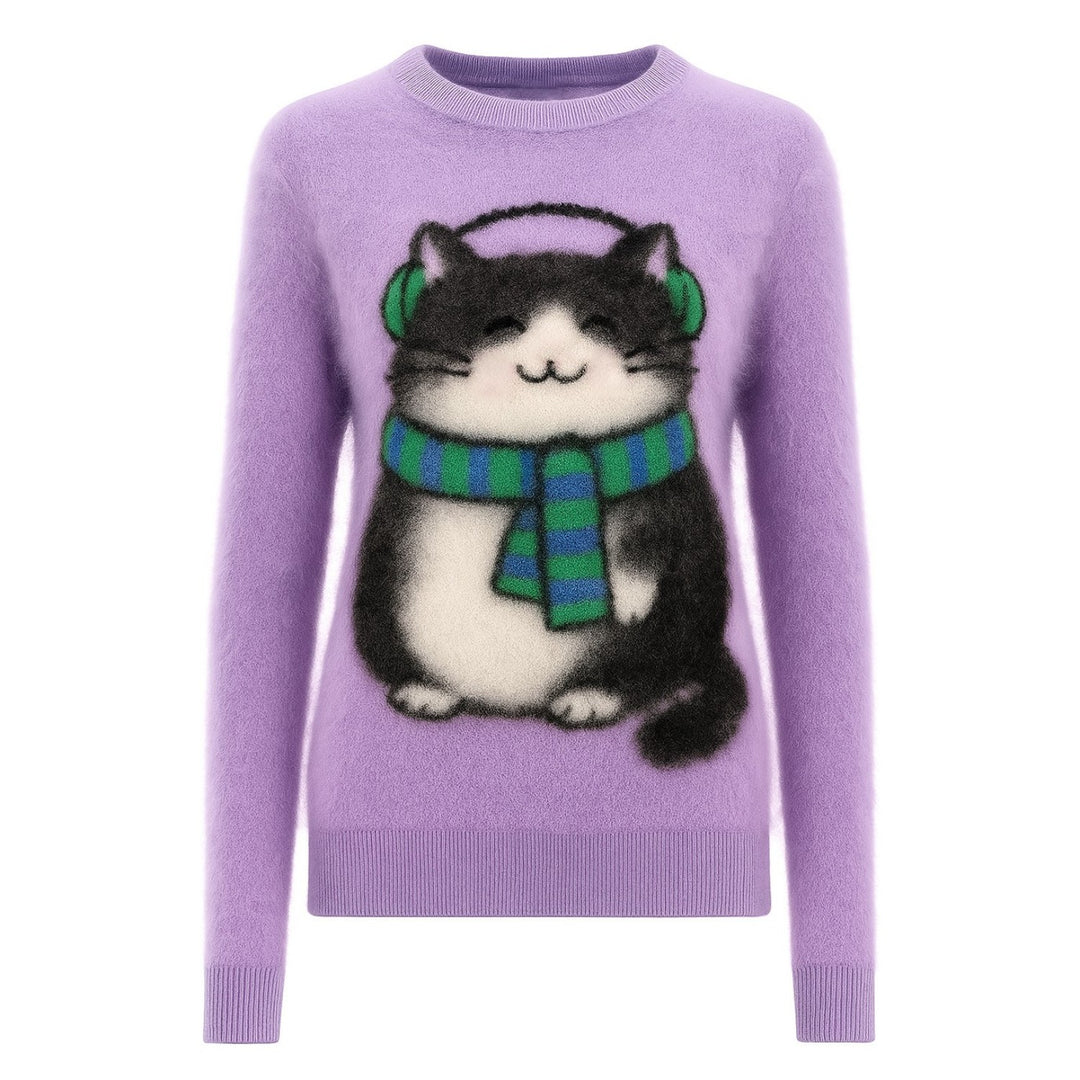 Punto de mujer de felpa jacquard gato morado
